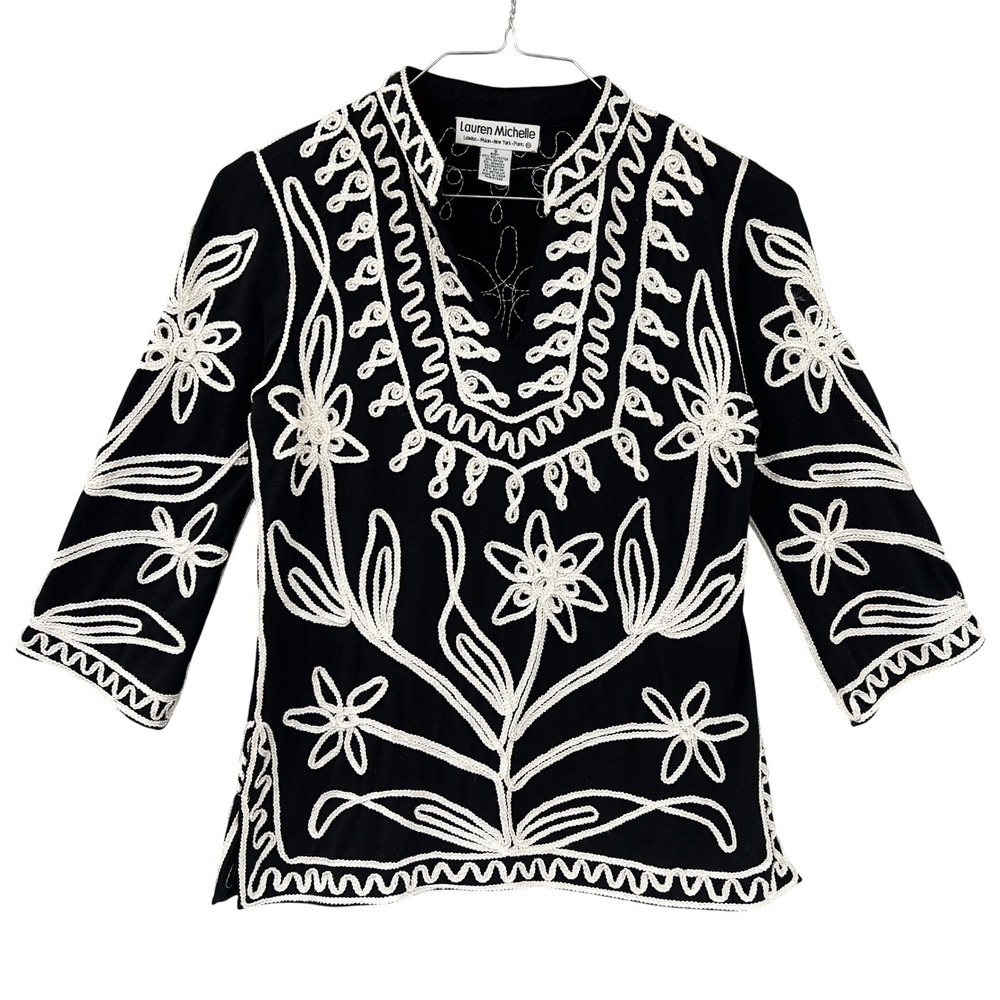 Lauren Michelle Womens S Embroidered Floral Top Black White 3/4 Sleeve Statement